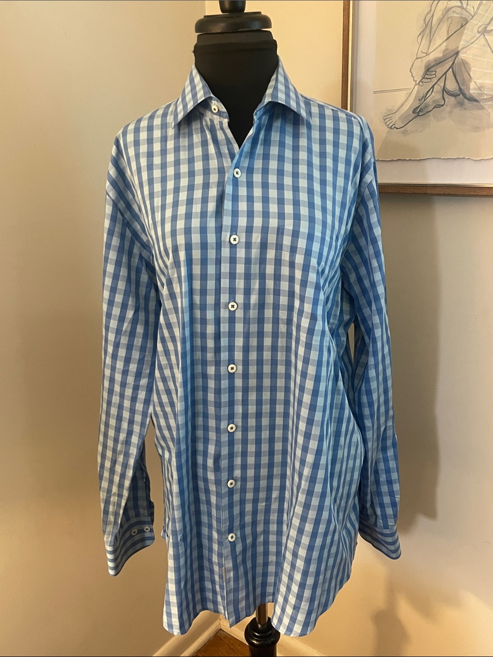 Peter Millar | Men's Long Sleeve Button Down Blue Check -Size Large